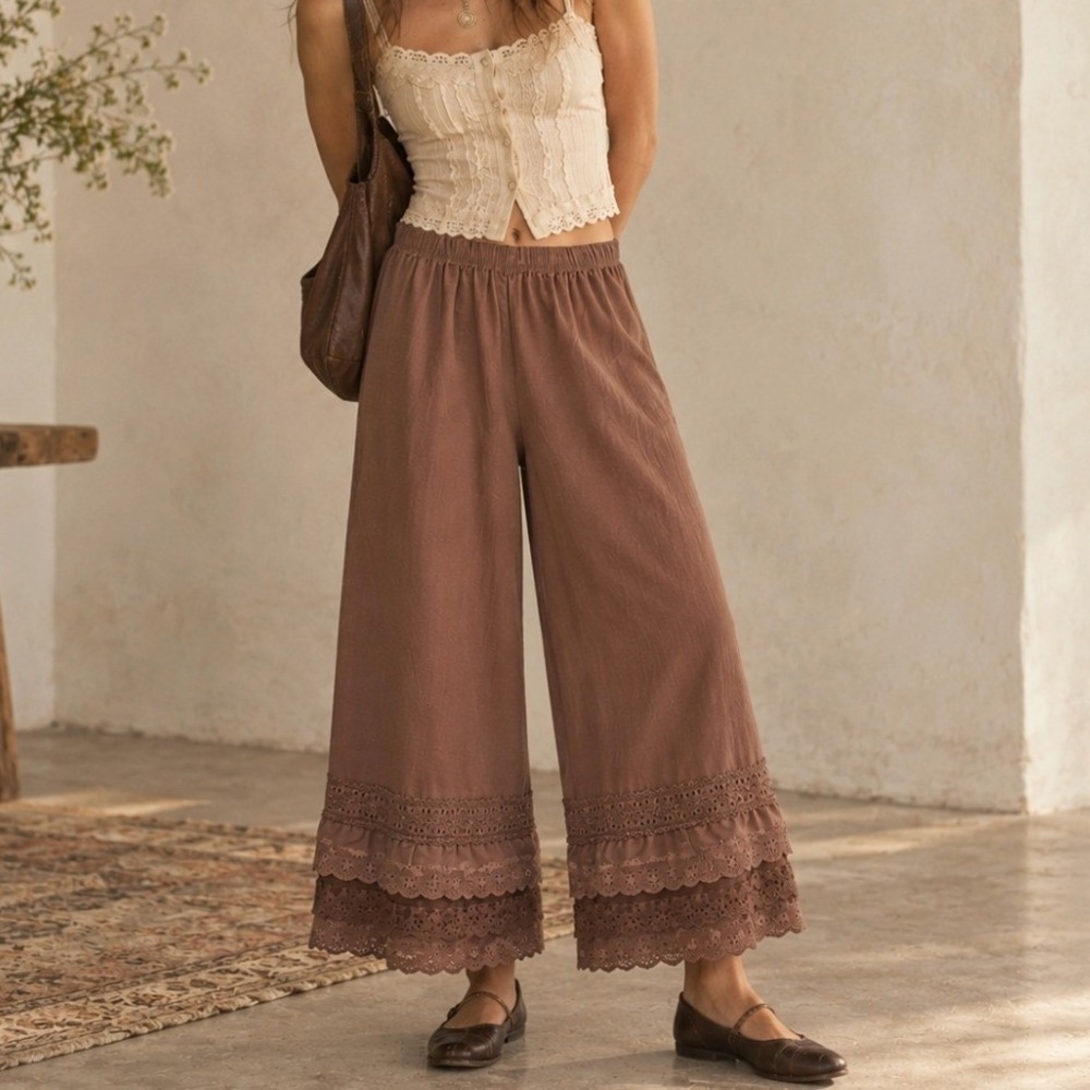 Wide Leg Bloomer Pants Lace Eyelet Ruffle Hem Brown Victorian Romantic Fairycore